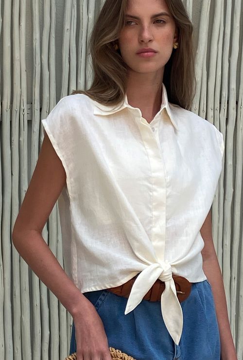 Blusa mahé amarração manga curta 100% linho off white