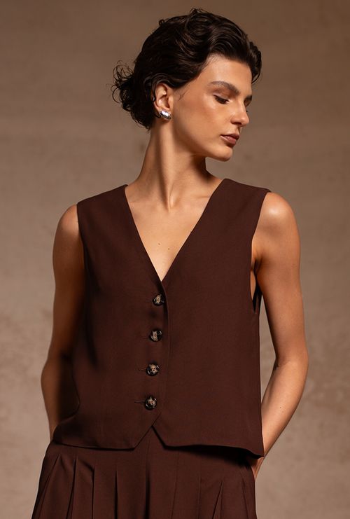 Colete Alfaiataria Campbell Crepe Patou Marrom