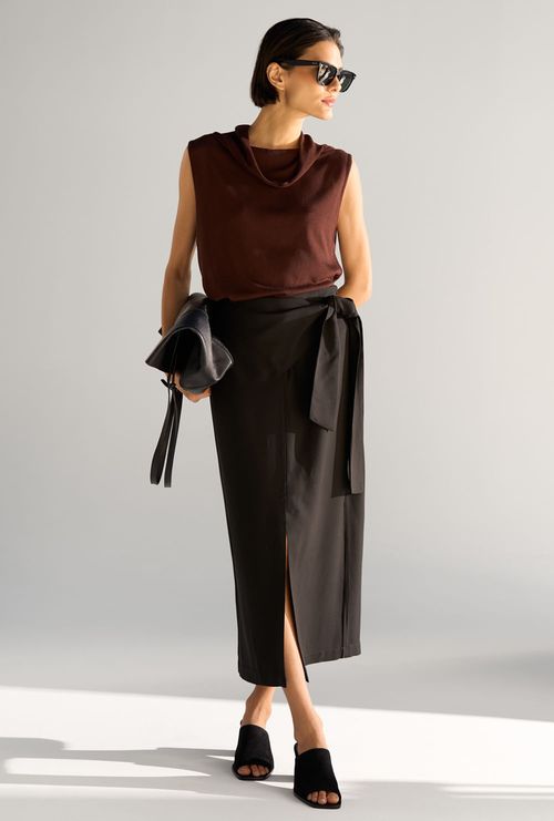 Saia Midi Sydney Crepe Patou Preto