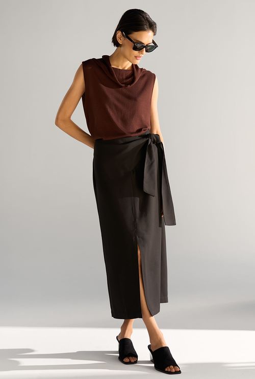 Saia Midi Sydney Crepe Patou Preto