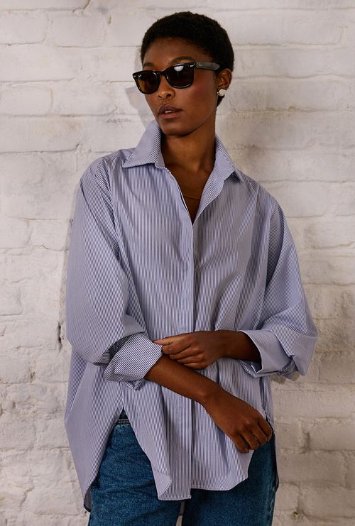 Camisa Dinant Tricoline de Algodão Assimétrica Listra Marinho