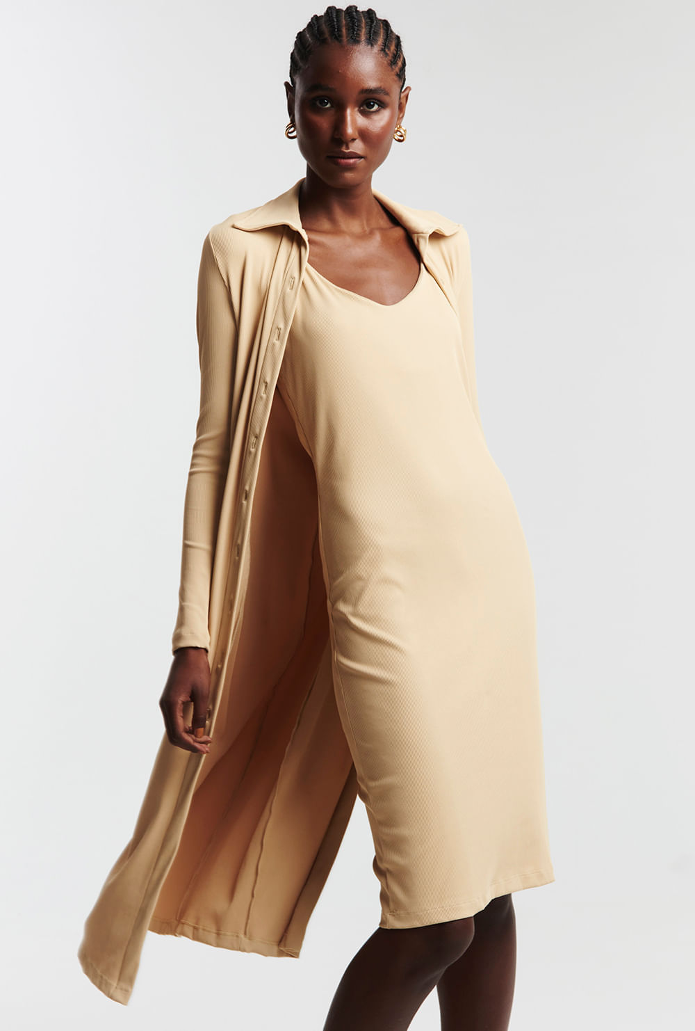 Vestido Midi Manga Longa com Combinete Shumen Bege - MyBasic