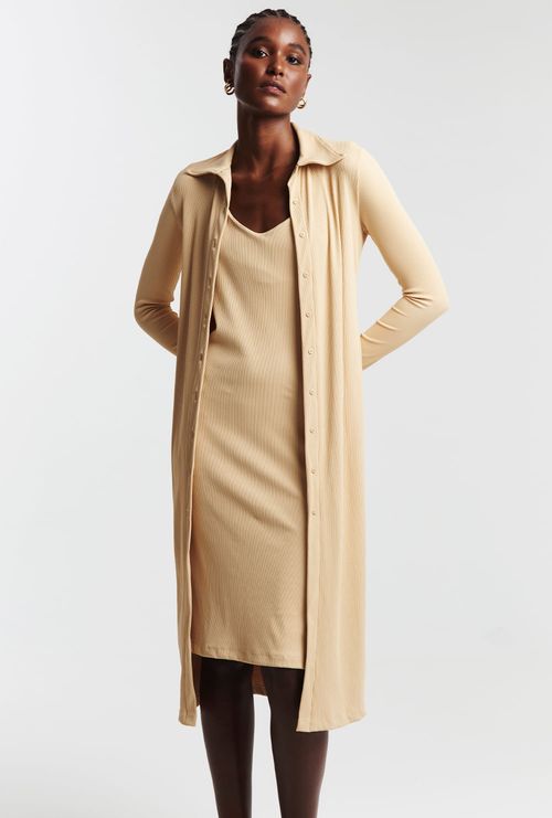 Vestido Midi Manga Longa com Combinete Shumen Bege