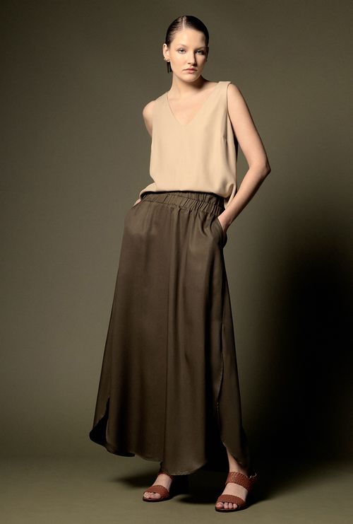 Saia Midi Chelba Lyocell com Fendas Laterais Verde Oliva