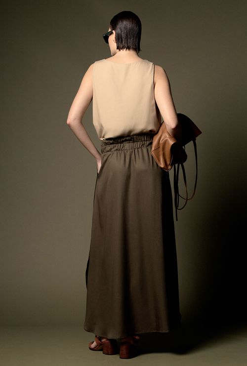 Saia Midi Chelba Lyocell com Fendas Laterais Verde Oliva