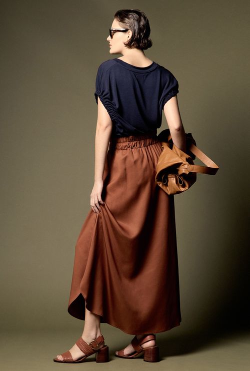 Saia Midi Chelba Lyocell com Fendas Laterais Marrom