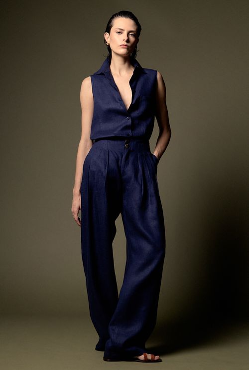 Calça Jaina Pantalona com Pregas Marinho