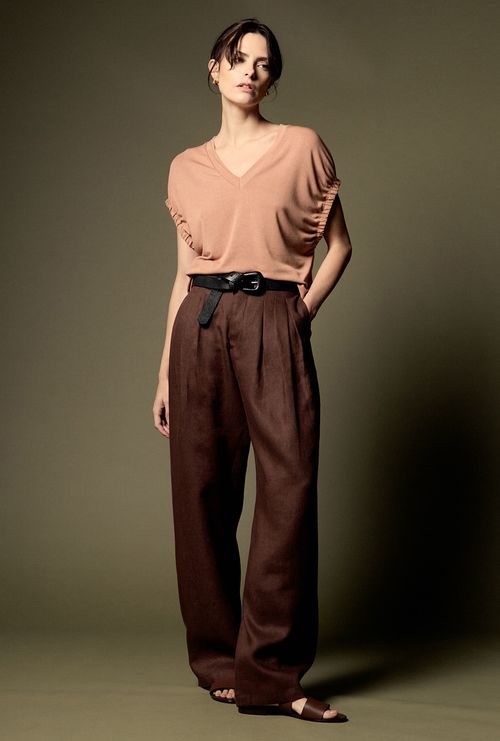 Calça Jaina Pantalona com Pregas Marrom Café
