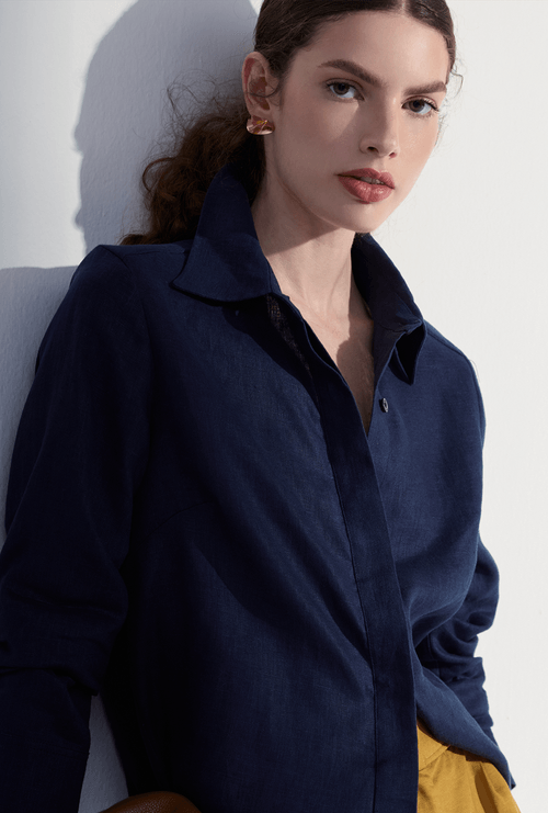 Camisa Lapônia Manga Longa em Linho Marinho