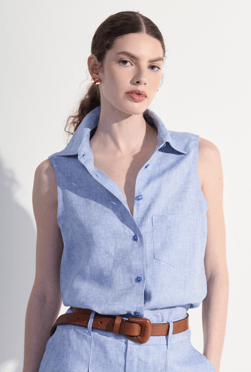 Camisa Regata em Linho Gambia Azul Jeans