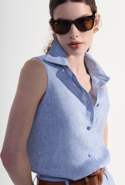 Camisa Regata em Linho Gambia Azul Jeans