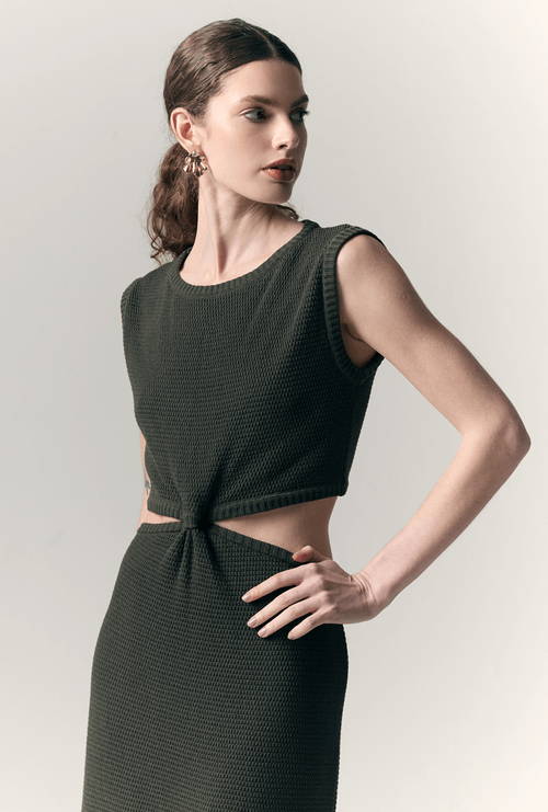 Vestido Agalega Tricot Nó Frontal Verde Militar