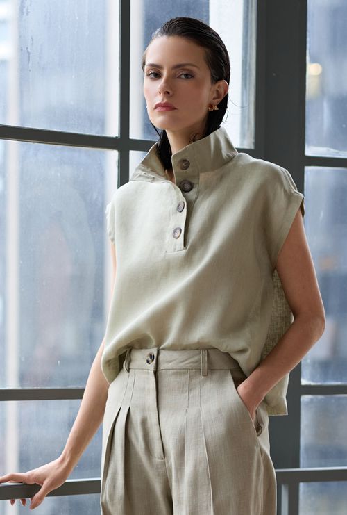 Camisa Tersane Linho Gola Alta Verde Seiva