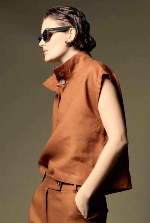 Camisa Tersane em Linho Gola Alta Telha