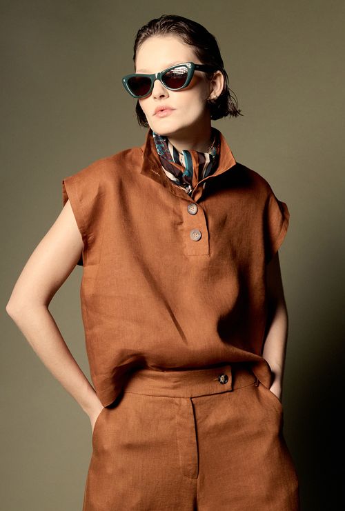 Camisa Tersane em Linho Gola Alta Telha