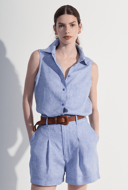 Shorts New Cheong em Linho Com Prega Frontal Azul Jeans