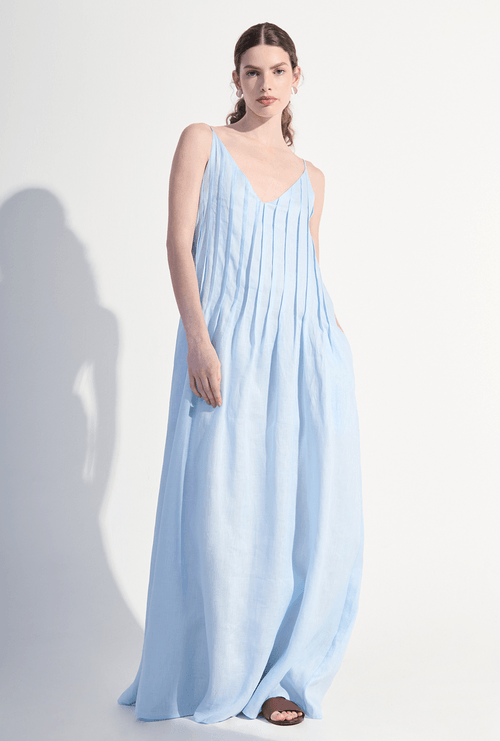 Vestido Jurong Midi Em Linho Com Alças Finas Azul Ceu