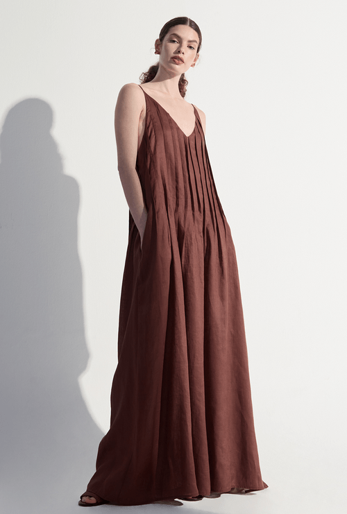 Vestido Jurong Midi Em Linho Com Alças Finas Marrom