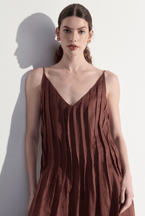 Vestido Jurong Midi Em Linho Com Alças Finas Marrom