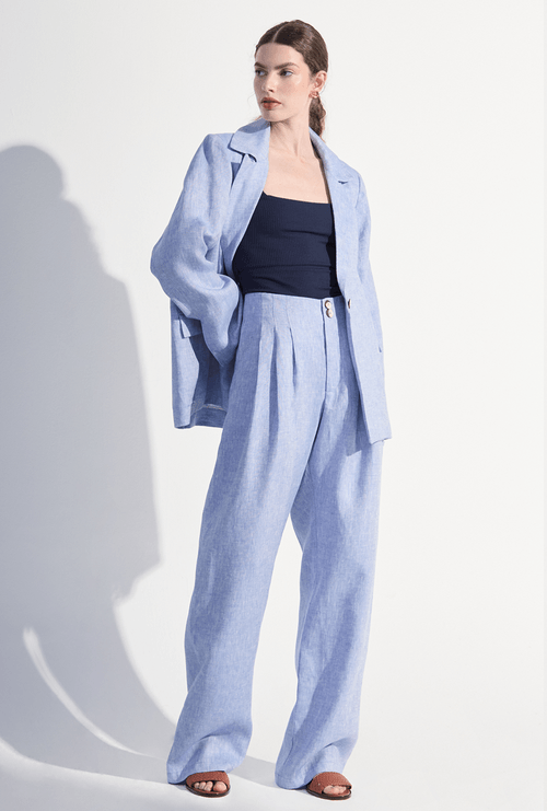 Calça Jaina Pantalona em Linho com Pregas Azul Jeans