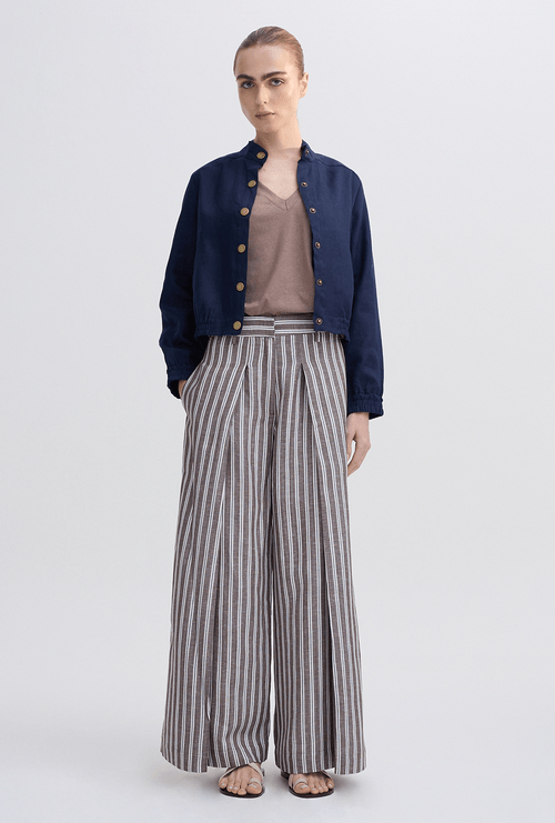 Calça Lys Pregas Frontais Listra Marrom