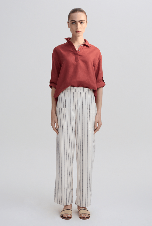 Calça Barrel Lur Off White Com Listras Marinho