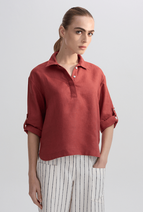 Blusa Lui em Linho Gola Polo Goiaba