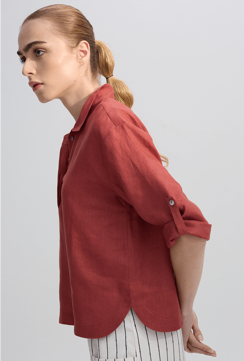 Blusa Lui em Linho Gola Polo Goiaba