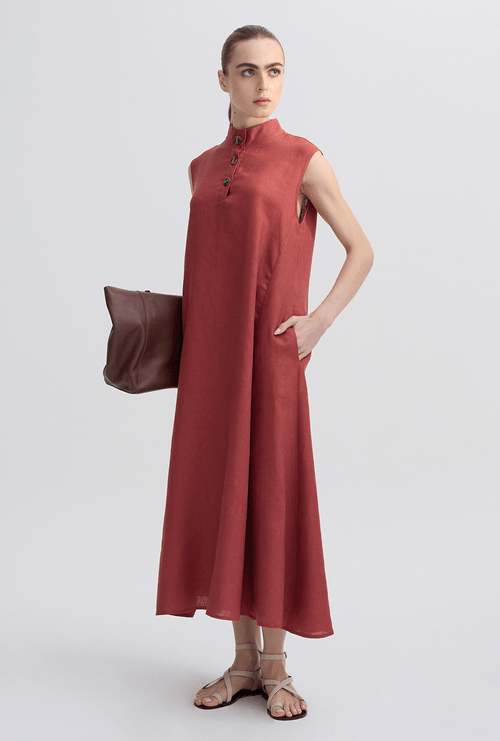 Vestido Reto em Linho Gola Padre Dominica Goiaba