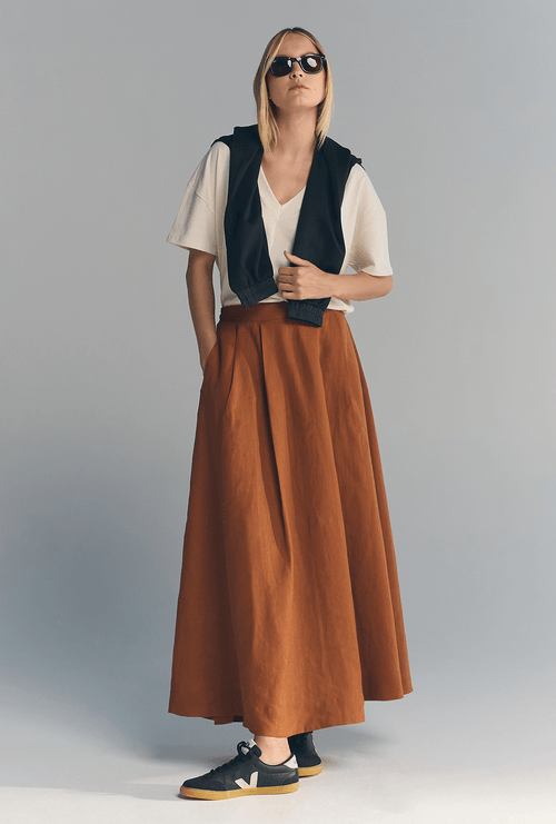 Saia Midi em Linho New Calero Castor