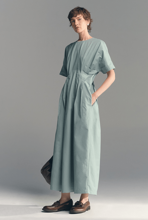 Vestido Laos Midi Com Pregas Verde Agua