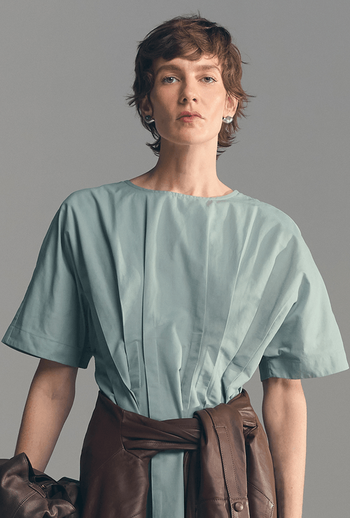 Vestido Laos Midi Com Pregas Verde Agua