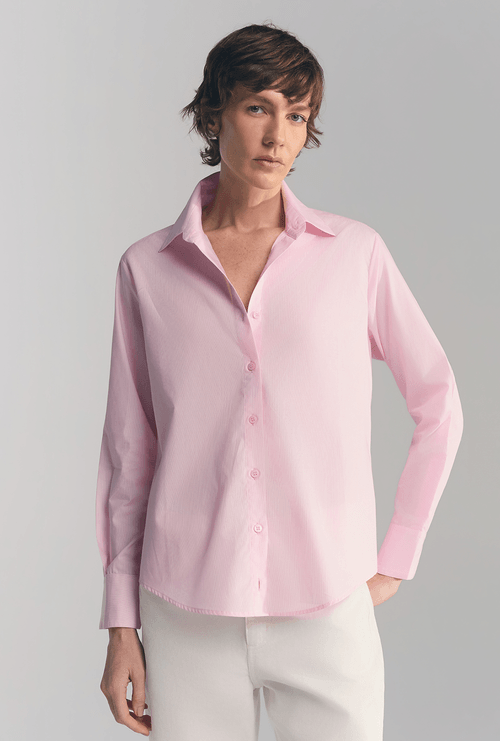 Camisa Slim Em Algodão Egípcio Lomboc Listra Rosa