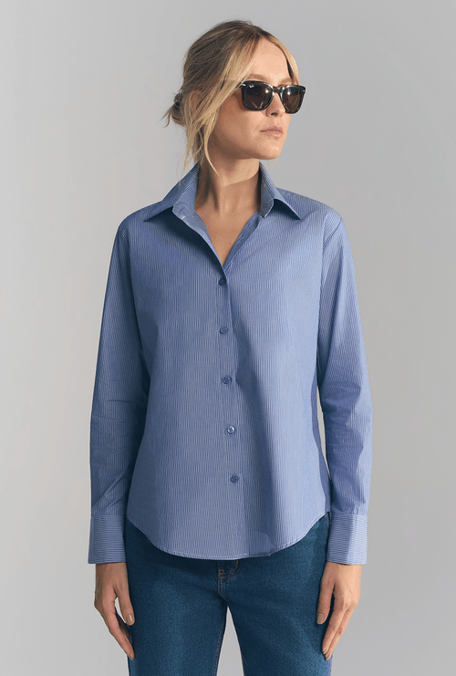 Camisa Slim Em Algodão Egípcio Lomboc Listra Azul