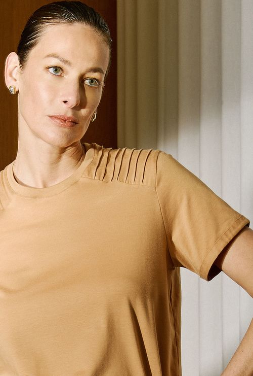 T-Shirt Mersin em Algodão com Nervuras Bege