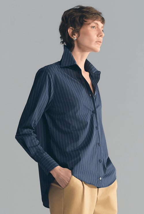 Camisa Slim Em Algodão Egípcio Lomboc Listra Azul