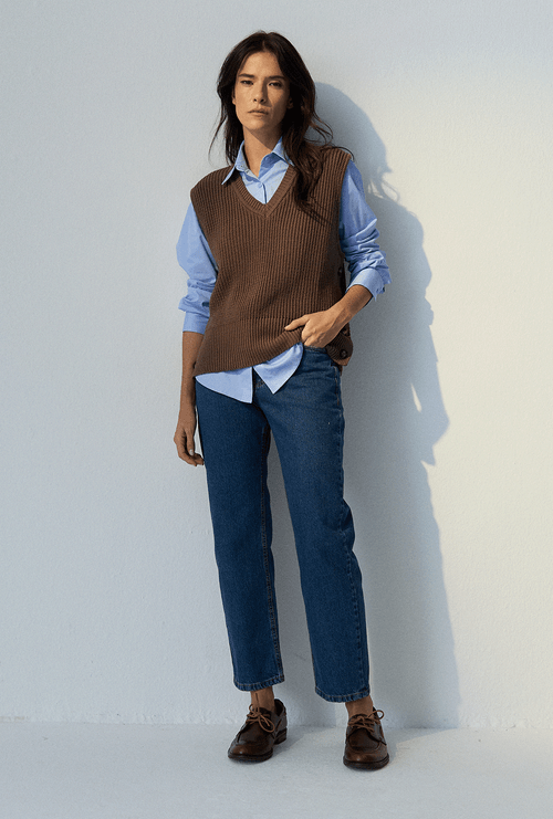 Colete Baie Gola V em Tricot Marrom Wood