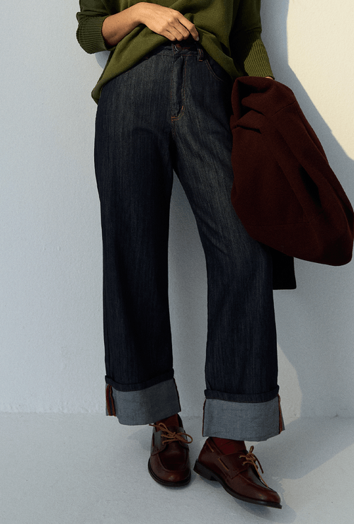 Calça Reta Com Barra Virada Luzon Azul Jeans