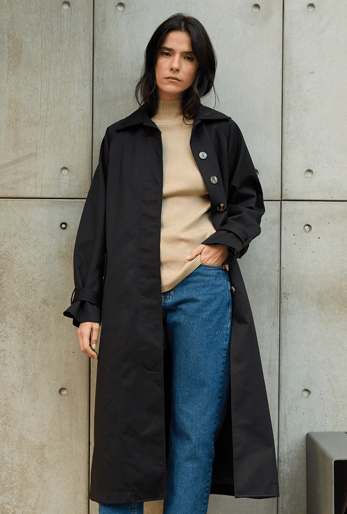 Trench Coat Alongado com Faixa Birnie Preto