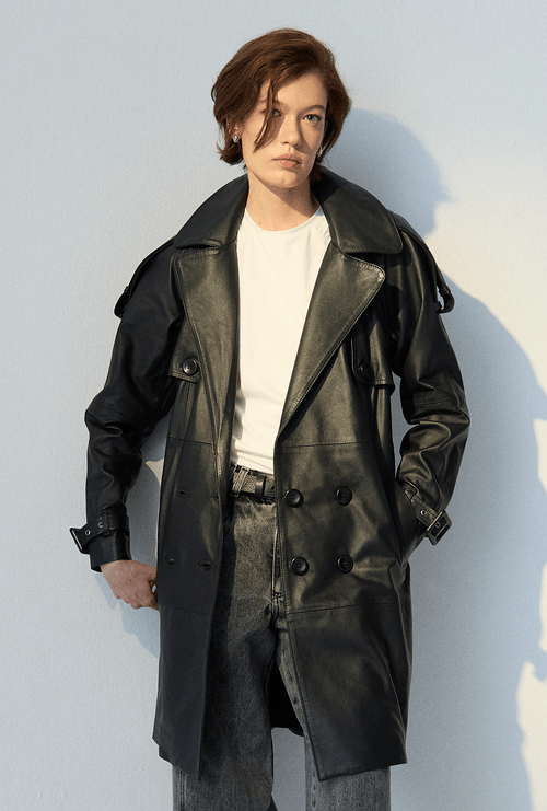 Trench Coat Mancera Em Couro Preto