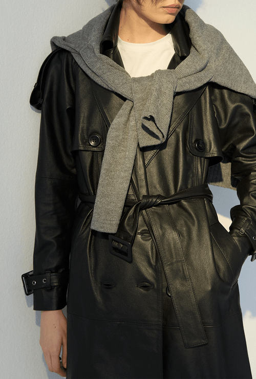 Trench Coat Mancera Em Couro Preto