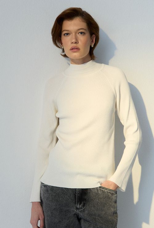 Blusa Marshall Canelada Gola Alta em Tricot Off White