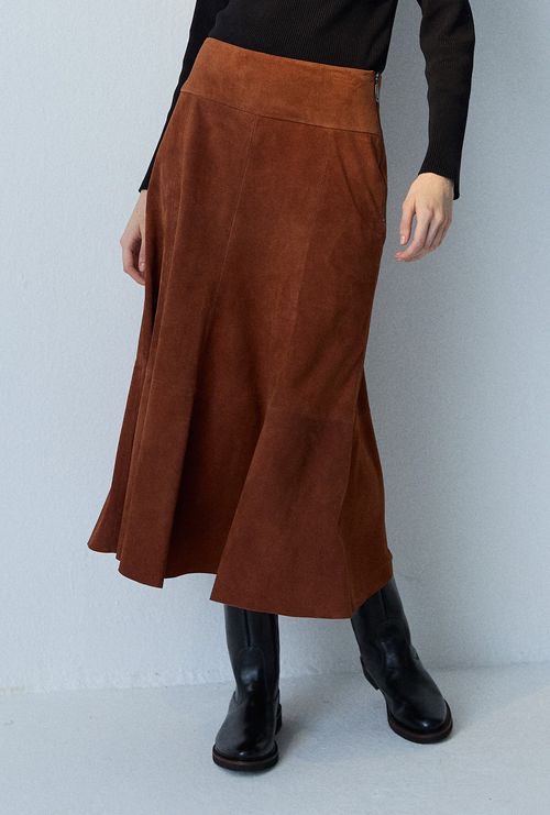 Saia Farco Midi em Couro Chamois Capuccino