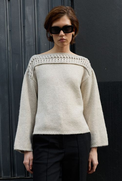Blusa Marrocos Com Gola Trançada Em Tricot Areia