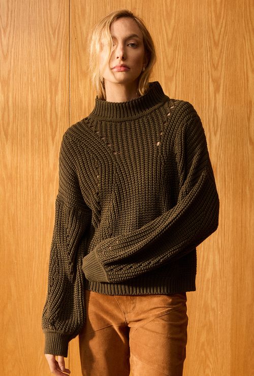 Blusa Guadalupe Tricot Gola Alta Verde Militar