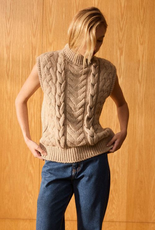 Colete Mustique Trançado em Tricot Bege