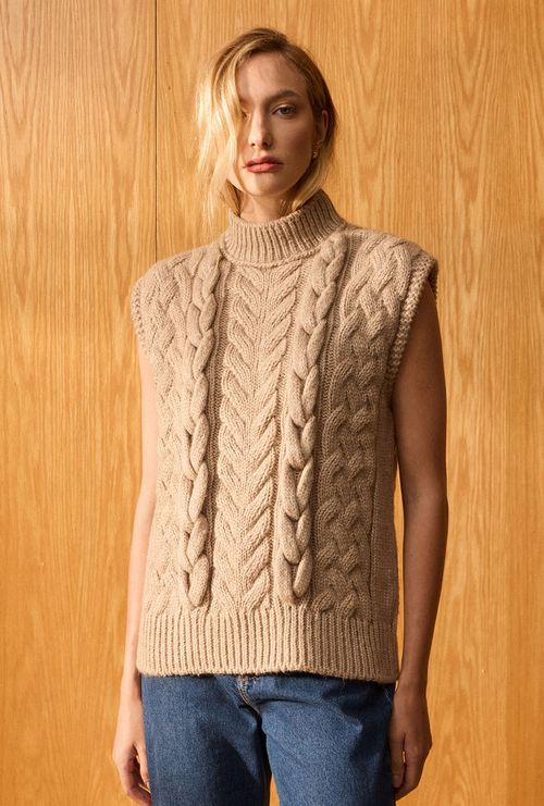 Colete Mustique Trançado em Tricot Bege