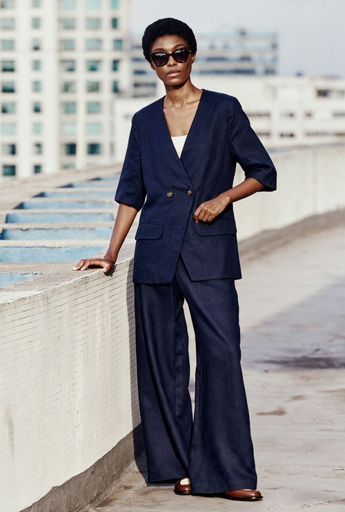 Blazer Nitri Manga Curta em Linho Marinho