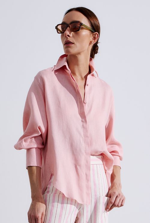 Camisa Cuba Oversized em Linho Rose
