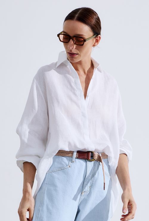 Camisa Cuba Oversized em Linho Off White